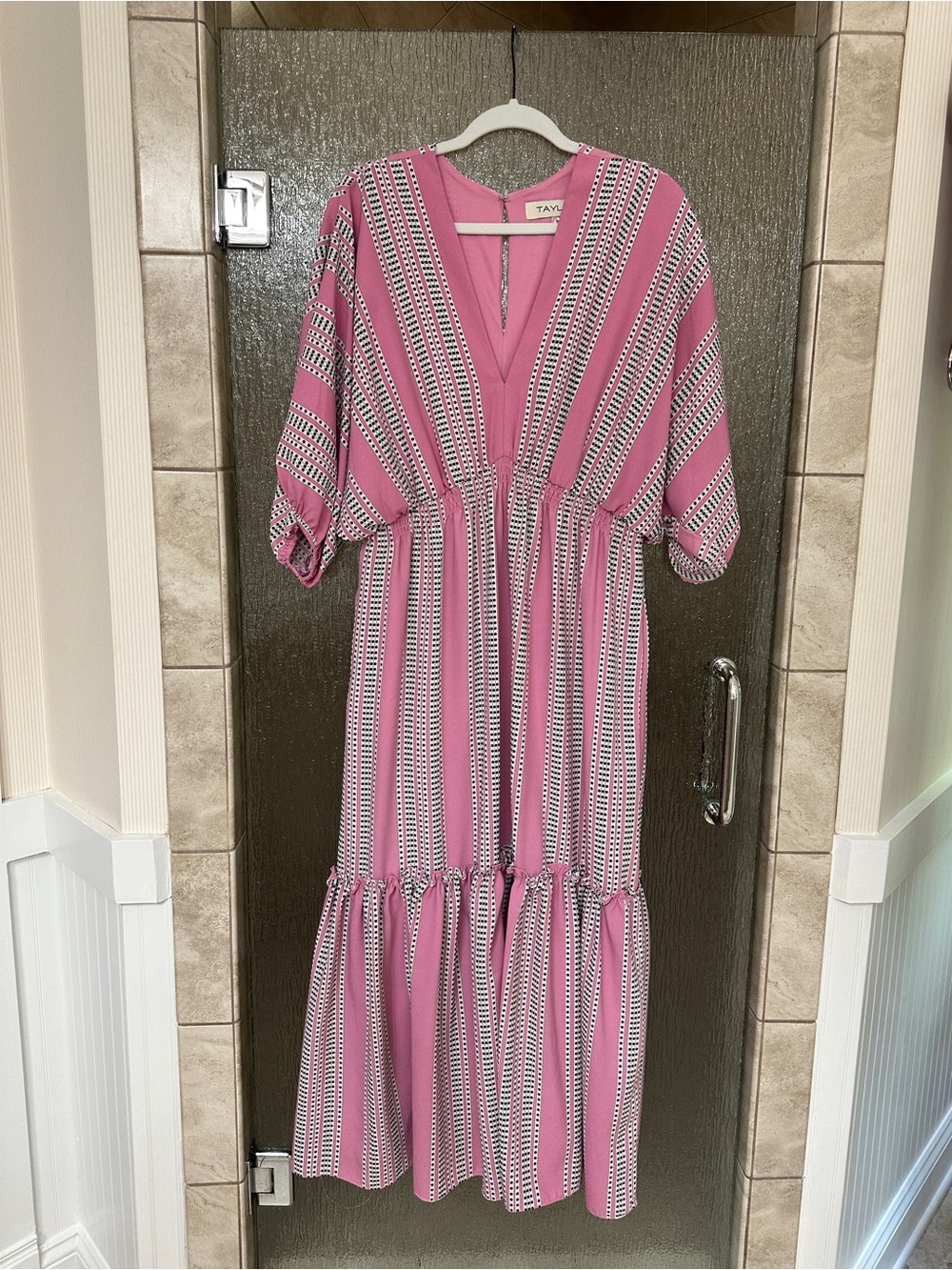 Taylor Pink Dress with Black and White Stripe Detail